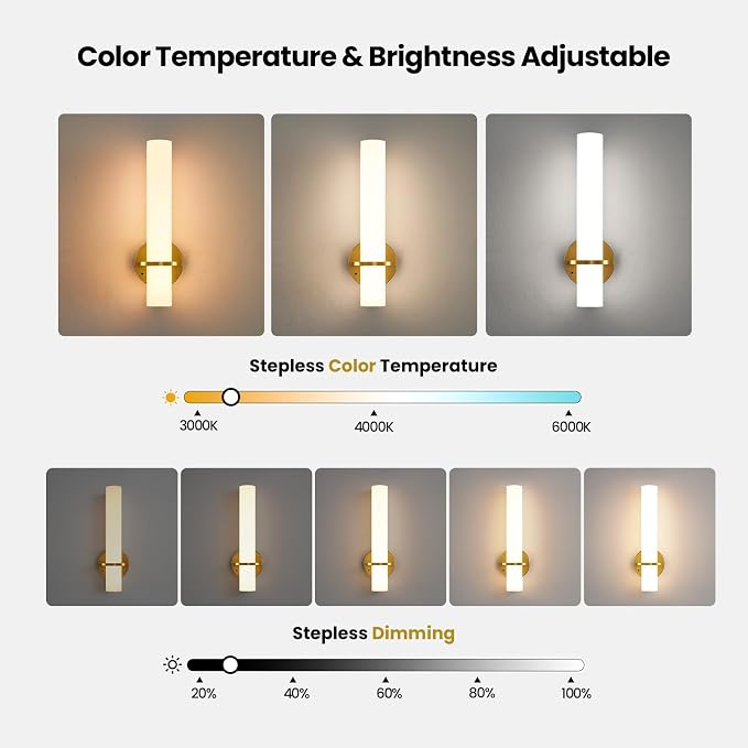 AIJIASI Battery Operated Gold Wall Sconces - 15 Inch Modern Sconce Wall Lighting 3000K-6000K Dimmable LED Wall Sconces Set of Two, Indoor Bathroom Sconce for Living Room Bedroom Hallway Stairway
