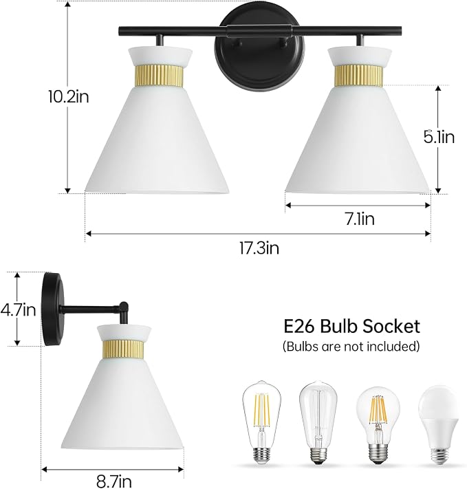 WOSHITU Bathroom Vanity Light Fixtures: 2-Lights Mid Century Modern Vanity Lights for Bathroom, Black and Gold Wall Sconce Lighting with Frosted Milky Glass for Over Mirror Bedroom Hallway