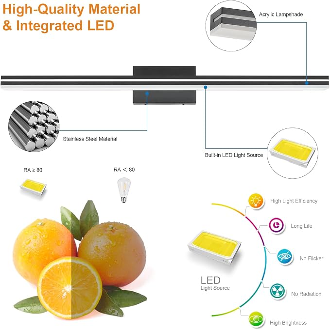 SineRise 40-Inch LED Modern Bathroom Vanity Light Bar, Matte Black Modern Acrylic Bathroom Wall Lighting Fixtures Over Mirror (Cool White 6000K)