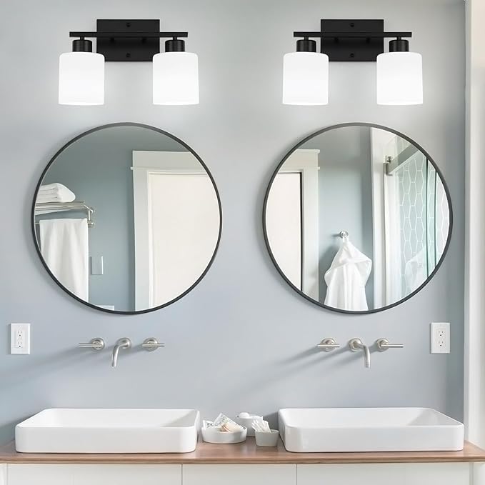 WILON Black Bathroom Light Fixtures Over Mirror, 2 Light Vanity Light with Milky White Glass Shades, Modern Bathroom Sconces, Wall Lamp for Living Room Bedroom Kitchen