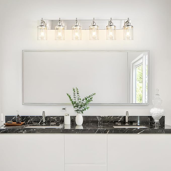 6-Light Brushed Nickel Bathroom Light Fixture Over Mirror Modern Bathroom Vanity Light Vintage Wall Lighting with Clear Glass Shade for Bathroom, Bedroom, Hallway, Cabinet