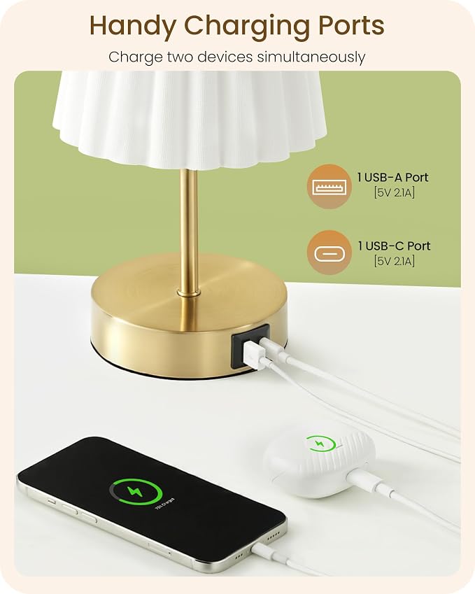 Small Bedside Table Lamp, Touch Dimmable Table Lamp with USB Ports, Nightstand Lamp with a Stepless Dimming LED Bulb, E26 Base, for Bedroom, Study, Desk, Gold and White DW16TL05