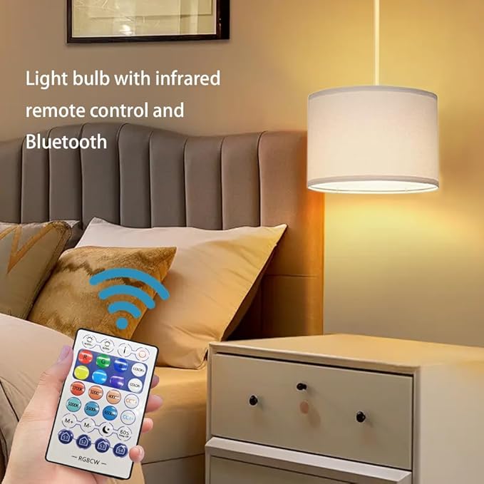 15FT Plug in Pendant Light, Hanging Lamp with Switch, Flaxen Hanging Lights with Plug in Cord, Pendant Lamp with Remote Control，Pendant Light Fixture for Living Room Bedroom Farmhouse