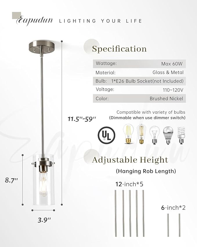 EAPUDUN Pendant Light (2 Packs), Kitchen Ceiling Hanging Light, Adjustable Height, Kitchen Light Fixtures Brushed Nickel Pendant Lights, Farmhouse Pendant Lighting for Sink Island, Home Décor Lighting
