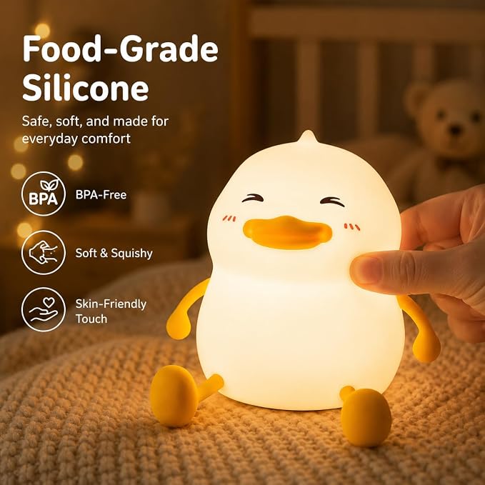 Fat Duck Night Light, LED Squishy Novelty Animal Night Lamp, Food Grade Silicone 3 Level Dimmable Nursery Nightlight for Desk Decor, Funny Gifts Stuff for Boys Girls Baby, White Elephant Gifts