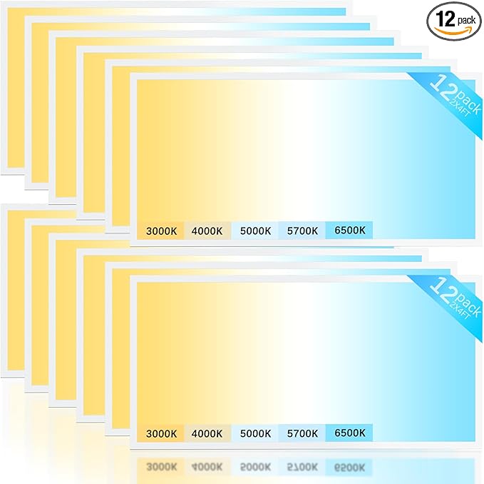 12 Pack 2x4 LED Flat Panel Light, 7700LM 30W-70W Dimmable & Selectable, 5CCT 3000K-6500K Adjustable Recessed Troffer, for Drop Ceiling, Office, Kitchen, Garage, School (12 Pack)