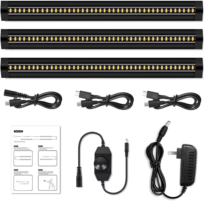 inShareplus 3 Pack 13 inch LED Under Cabinet Lighting, Dimmable, Natural White 4500K, CRI90+, 450Lumens, DC 12V Ultra Thin Under Counter Kitchen Lighting for Kitchen, Shelf, Cupboard, Black