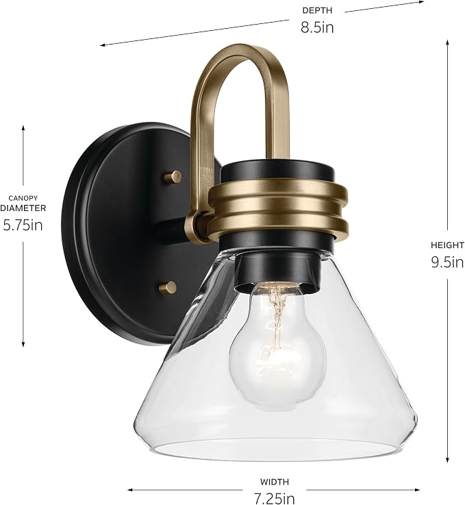 Kichler Farum 1-Light Bathroom Wall Light, Black | Modern wall light with clear glass for bathrooms, hallways and bedrooms (7.25" x 9.5"), 55153BKCLR