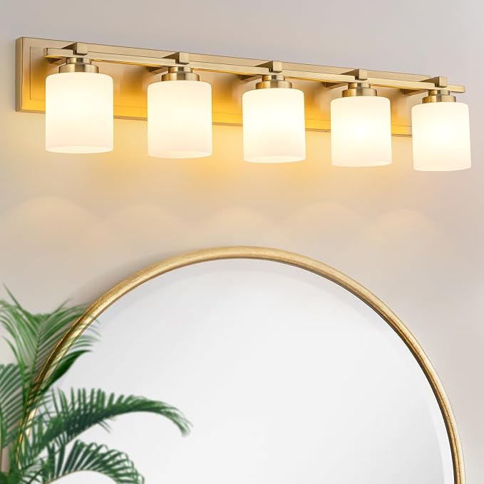 Modern Bathroom Light Fixtures Over Mirror, Vanity Lights for Bathroom Wall Sconces with Milky White Glass Shades, E26 Socket (Bulbs Not Included), 5 Light, Brass