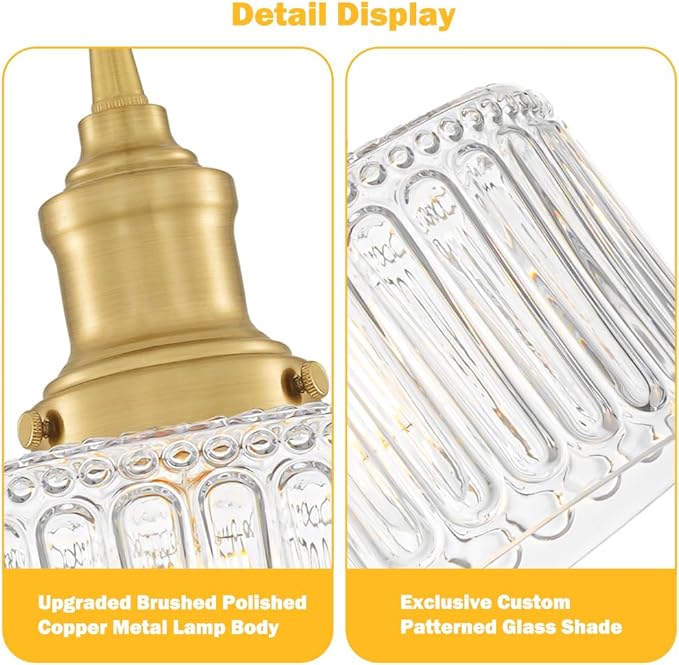 6.9in Vintage Pendant Lights for Kitchen with Clear Striped Glass Shade, Brushed Gold Pendant Lights Kitchen Island, Small Light Pendant Adjustable Hanging Light for Entrance Bedroom Hallway Home