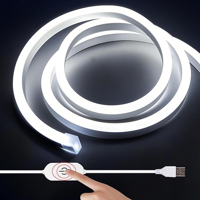 6.56FT White Neon Light Strip, 5V USB White Led Strip Lights with Touch Controller, Flexible Neon Rope Light for Bedroom, Party, Home Decor, Poster Lights