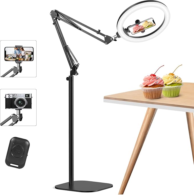 12" Overhead Phone Mount with Ring Light, 360° Circle Light - CRI >95 & Adjustable 72" Height, Phone Ring Light for Photography,Live Streaming, Cooking and Content Creation