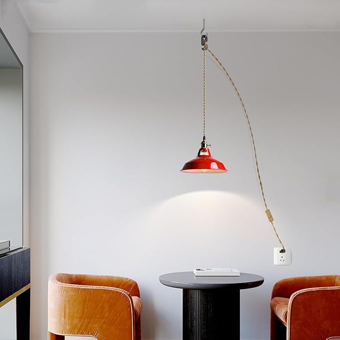 YUBOLE Plug-in Pendant Light Vintage Red Barn Shade-10.06" W with Switch | Flexible Hanging Light, Adjutable 216.5"L Cord with On-Off Switch Swag Lamp for Kitchen Bar Dining Foyer Cafe Bedroom