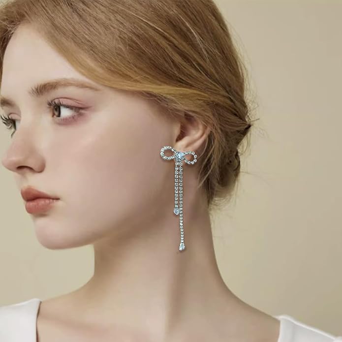 Luxval Rhinestone Earrings Dangling for Women Sparkly Silver Dangle Earrings Girls Long Chandelier Earrings Tassel Lightweight Ear Studs Cubic Zirconia Crystal Statement