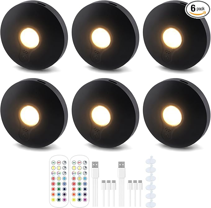 Rechargeable Magnetic Puck Lights, RGB Under Cabinet Lighting with Remote & Touch Control, Dimmable/3 Color Temps/Timing, Wireless Stick-On Lights for Kitchen Shelf Pantry