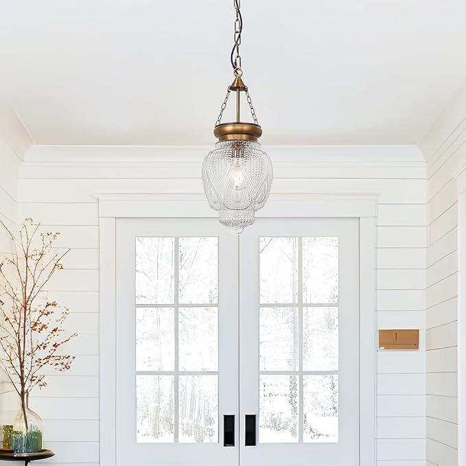 Vintage Brushed Gold Pendant Light with 7.9in Clear Heavy Thick Glass, Farmhouse Bronze Pendant Lights Kitchen Island, Vintage Looking Hall Pendant Light Fixture for Hallway, Bathroom, Bedroom