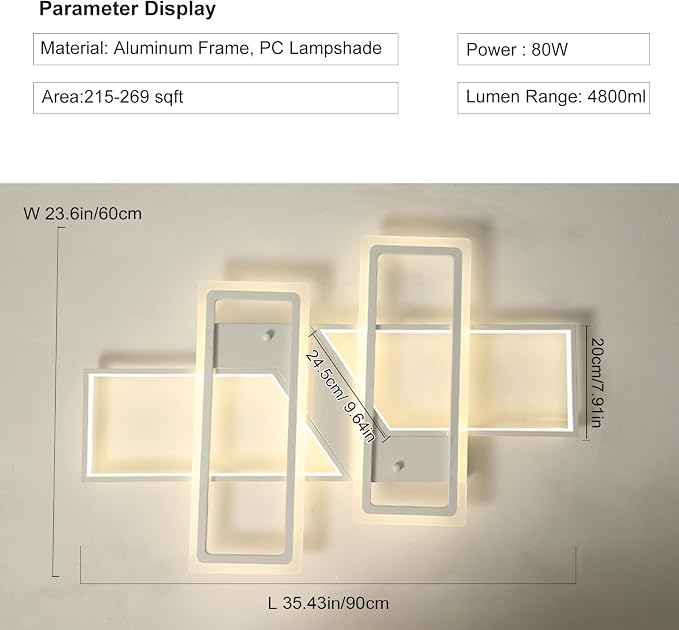 GEADI 35.4" Modern LED Ceiling Light, Dimmable White Flush Mount Chandelier | 80W 4-Square Geometric Ceiling Lamp with Remote, 3000K-6500K Dimming, Memory, 4800 Lumens, Low Profile for Bedroom, Kitchen