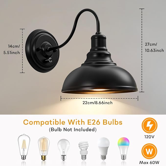 Lightess Wall Sconce with Switch Dimmable Wall Mounted Bedside Lamps 2 Pack | Industrial Farmhouse Gooseneck Dimmer Switch Matte Black Wall Mounted Lights For Bedroom Bedside Decor Set of 2