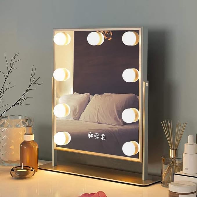 FENCHILIN Vanity Mirror with Light Lighted Makeup Mirror Vanity Smart Touch Control 3Colors Dimmable Detachable 10X Magnification Tabletop 360°Rotation(White)