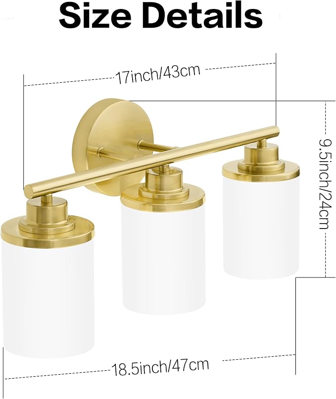 Brushed Gold Bathroom Light Fixtures, 3-Light Gold Vanity Lights with Frosted Glass Shades, Mid-Century Modern Wall Sconces for Living Room