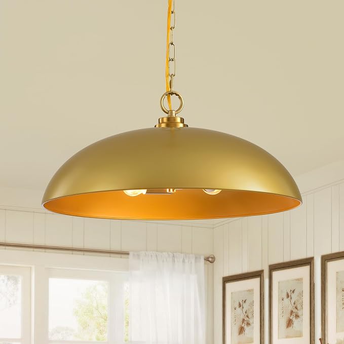 20in Gold Dome Pendant Light 3-Light Kitchen Island Dining Room | Industrial Brass Large Oversized Pendant Lights Chandelier Ceiling Hanging Lighting for Kitchen Island Dining Room Over Table