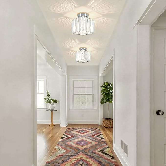 Modern Crystal Ceiling Light Fixture Chrome Hallway Entryway Light Fixtures | 2-Pack, 7.24 Inch, E26 Dimmable, Bathroom Bedroom Ceiling Light, Kitchen Dining Room Laundry Close to Ceiling Light Fixtures