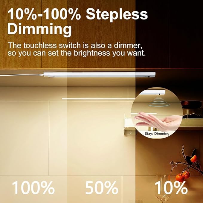 12 Inch Under Cabinet Lights 2 Packs High Brightness Easy Install Plug in, Hand Wave Activated LED Under Counter Lights for Kitchen bookshelf 5CCT&Stepless Dimmable Closet motion Light（12*2）