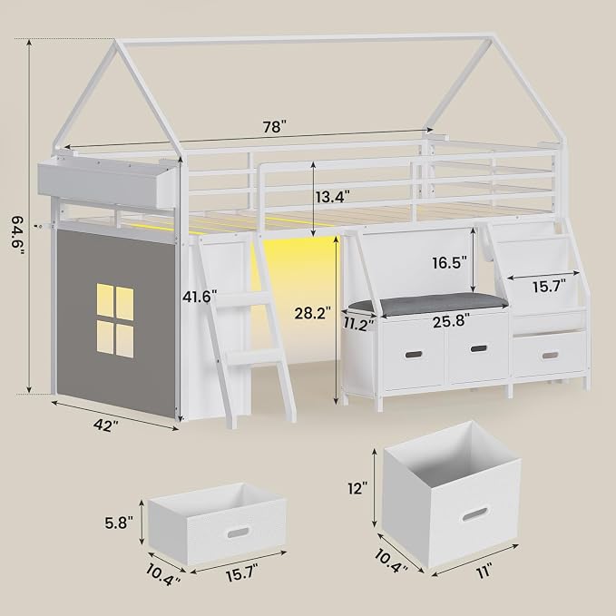 ADORNEVE Low Loft Bed Twin Size with Bookshelf, Reading Nook & 3 Drawers | Kids Loft Bed, LED, Storage Drawers, Beside Box, Under-Bed Play Space,Safety Guardrail, Inclined Ladde, Play Curtain, White