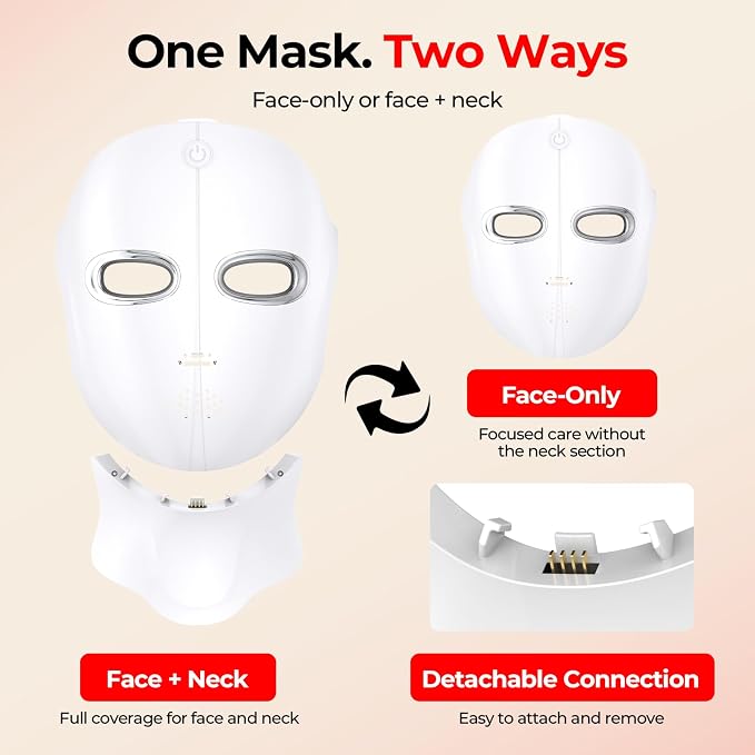 Red Light Therapy Mask for Face and Neck, Cordless LED Face Mask | 7-Color Multi-Mode Skincare Device, Detachable Neck Panel, echargeable for Home Use
