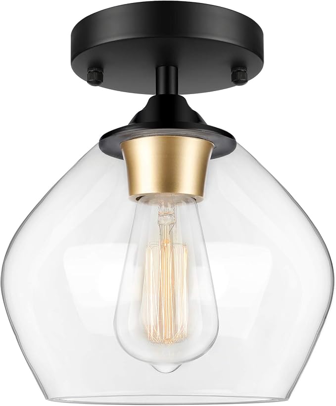 Modern Semi Flush Mount Ceiling Light with Clear Glass Shade, Black | Quick & Easy Installation, Premium Quality, Gold Accent, Perfect for Hallway Kitchen Entryway Laundry