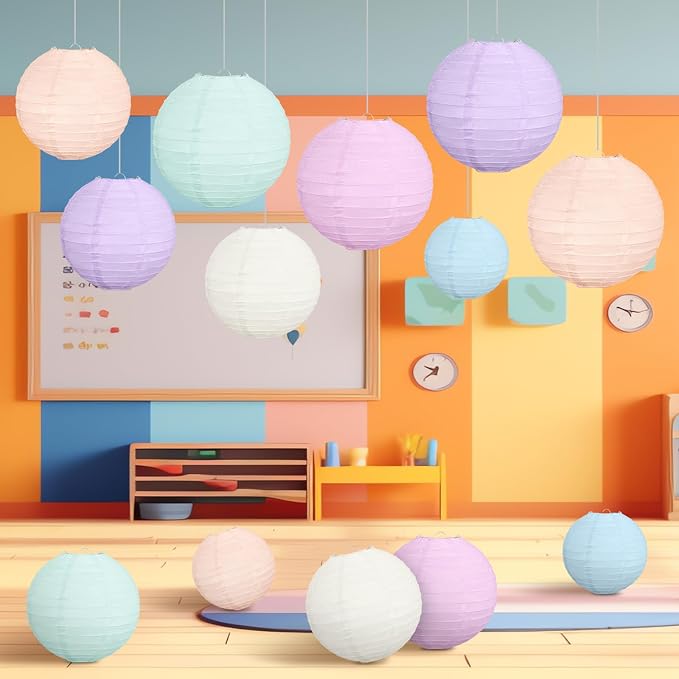 16 Pcs Pastel Paper Lanterns Party Decorations 4'' 6'' 8'' 10'' Colorful Hanging Lanterns Classroom Ceiling Decor Macaron Color Round Decorative for Indoor Outdoor Back to School Wedding Birthday