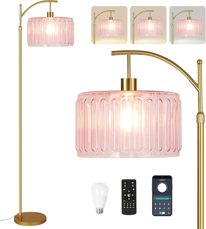 QIYIZM Pink Floor Lamp for Living Room,Bedroom,Gold Dimmable Standing Lamp with Remote,Mid Century Modern Brass Tall Lamp Boho Floor Lamps Arc Stained Glass Flower Floor Light Lamp Girls kids Bohemian