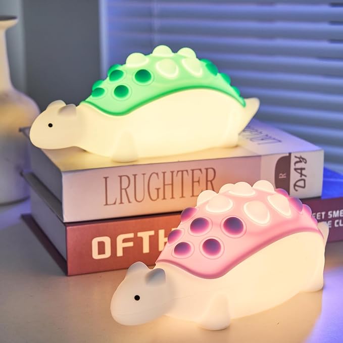 Dinosaur Night Light,Silicone Dino Lamp with Pop Bubble,7 Nightlight Modes Rechargeable Bedside Touch Lamp, Room Decor,Cute Lamp Dinosaurs Gifts (Purple)