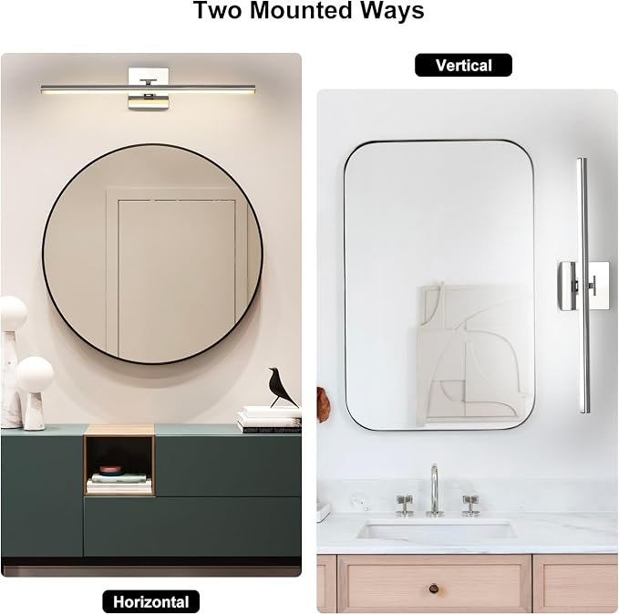 LED Bathroom Vanity Light, Modern Bathroom Light Fixture Over Mirror (3000K/4000K/6000K, Dimmable), Vanity Light Bar with Angle Adjustable, 24 Inch, Chrome