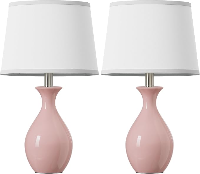 Table Lamp Set of 2, Modern Ceramic Bedside Lamps for Night Stands, Classic Small Lamp Nightstand Lamp for Bedroom Living Room Desk End Table Rocker Swtich Pink
