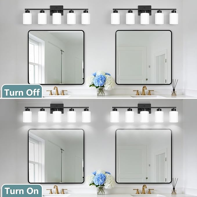 Black Bathroom Light Fixtures Vanity Lighting Over Mirror | 5-Light Modern Wall Sconces with Milky White Frosted Glass Shades for Restroom (E26 Socket)