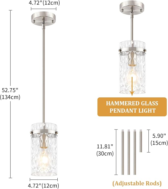 3 Pack Brushed Nickel Pendant Lights Kitchen Island, Modern Hammered Glass Pendant Lighting Over Island Hanging Bathroom Light Fixtures Adjustable Mini Pendant Light for Hallway Entryway Dining Room