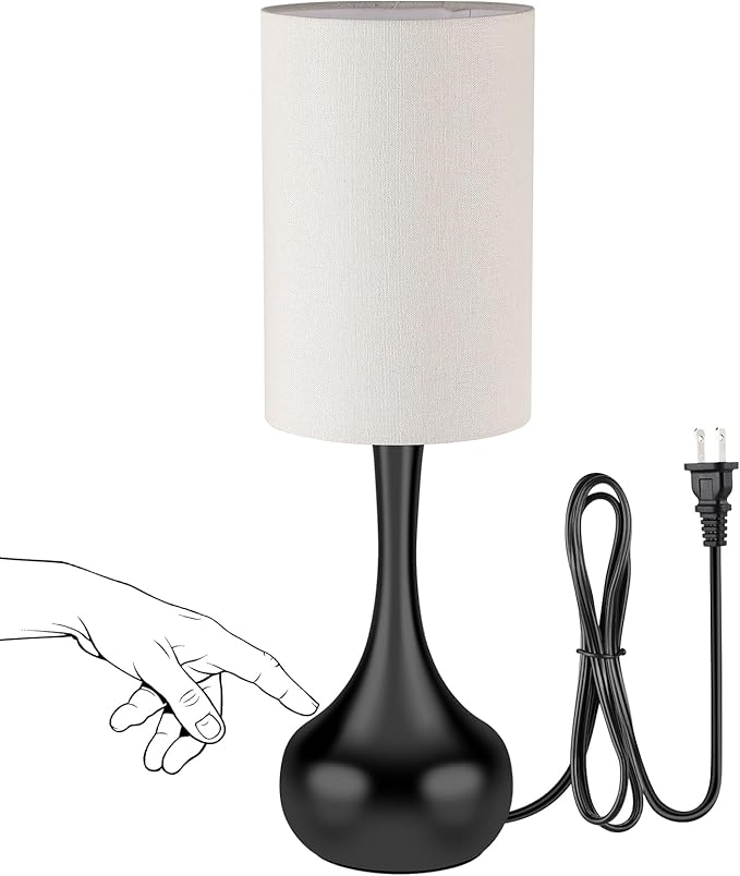 Mid Century Modern Droplet Table Lamp with Cyliner Shade,Touch Control & 3-Way Dimmable, No Assembly Required, Black Vintage Farmhouse Bedside Lamp for Bedroom,Nightstand,Living Room,Office