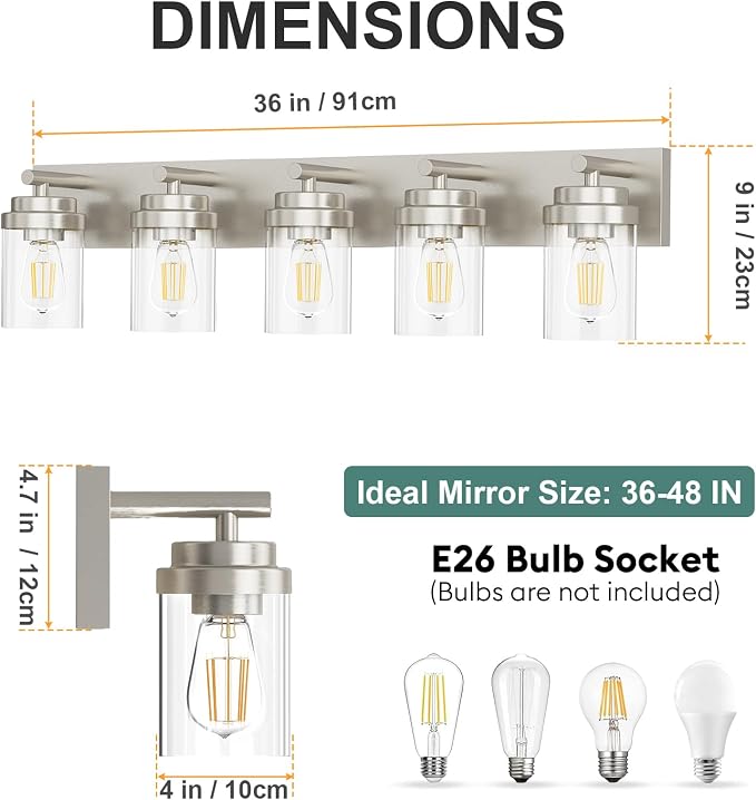 IZORRO Bathroom Vanity Light Fixture, 5-Light 36 Inch Brushed Nickel Bathroom Light Fixtures Over Mirror, with Clear Glass Shade, Modern Farmhouse Vanity Lights, Rustic Restroom Lighting Fixtures