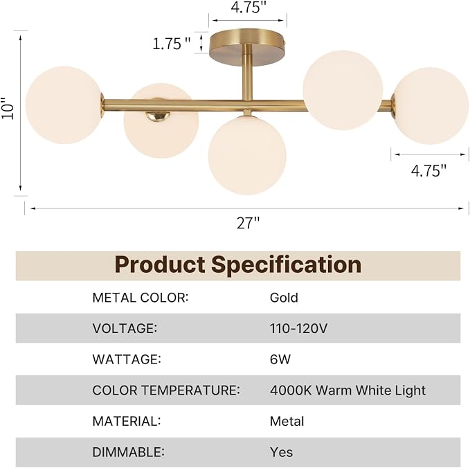27" Mid Century Modern Globe Brushed Gold LED Bathroom Vanity Light | Mid Century Modern Design, Brushed Gold Finish, Soft Milk White Glass Globes, Integrated Energy-Efficient LED, Over Mirror