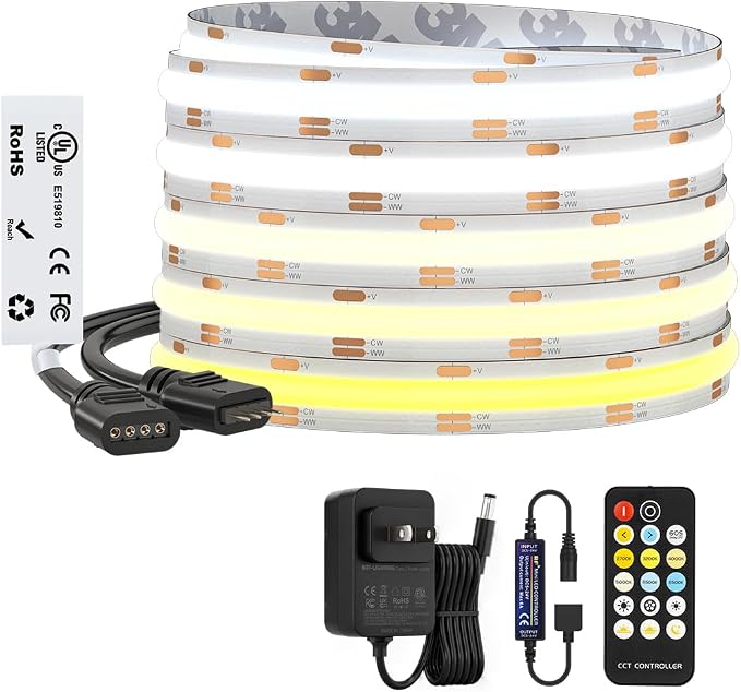 BTF-LIGHTING UL Listed Tunable White 3000K-6000K COB LED Strip Light with RF Remote,CRI 90+ DC24V 24FT Dimmable CCT Ultra Bright LED Tape Light for Home Kitchen Cabinet Office Indoor DIY Lighting