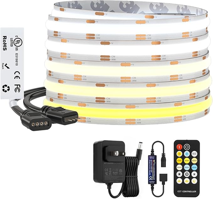 BTF-LIGHTING UL Listed Tunable White 3000K-6000K COB LED Strip Light with RF Remote,CRI 90+ DC12V 16.4FT Dimmable CCT Ultra Bright LED Tape Light for Home Kitchen Cabinet Office Indoor DIY Lighting