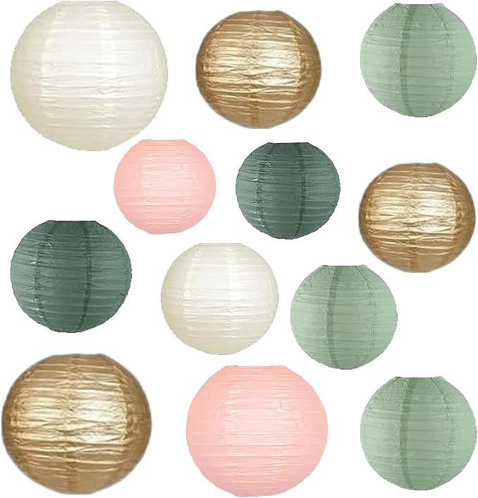 12Pcs Paper Lanterns 6”, 8”, 10”, 12”,Paperlanterns Party Decoration, Sage Green Gold Ivory Pink Paper Lanterns for Wedding, Bridal, Birthday, Outdoor, Home, Garden, Holiday and Party.