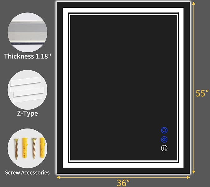 55"x36" LED Bathroom Mirror with Lights,Anti-Fog,3 Color Modes