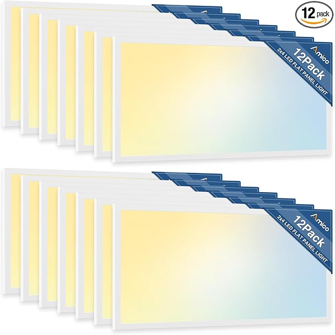 Amico 12 Pack 2x4 LED Flat Panel Light with 3CCT Selectable, 45W, ETL/FCC | 3500K/4000K/5000K, 30/35/45W, 0-10V Dimmable, 5500LM Super Bright LED Drop Ceiling Fixtures for Office Meeting Classroom