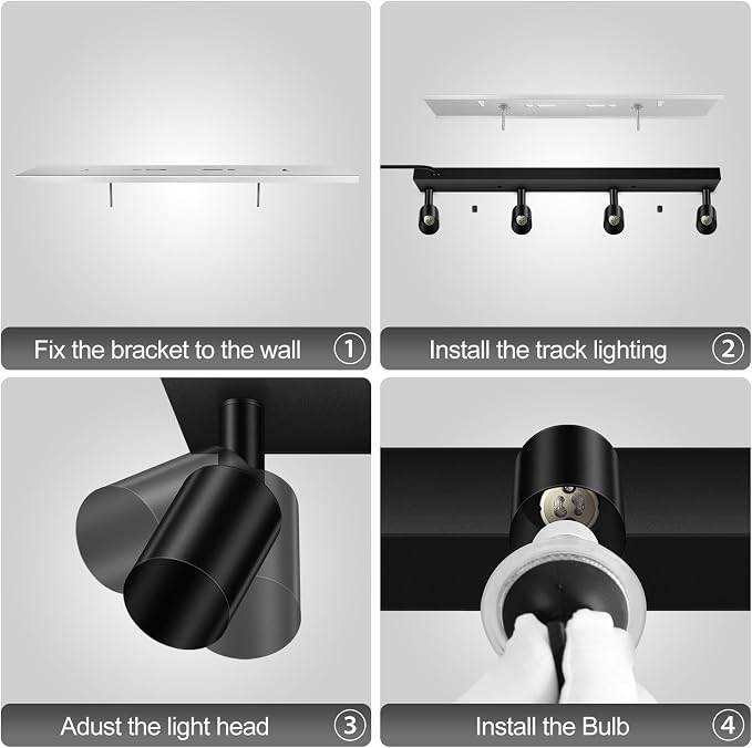 AUQUEE Plug in Track Light, 23", Black, 4 Way GU10 Wall Spotlight | Track Ceiling Lighting Fixtures, Rotatable Track Head, LED Wall Light for Kitchen Cabinet Gallery Bar Hallway Living Room