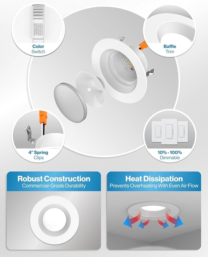 Sunco 24 Pack 4 Inch LED Recessed Lights, Retrofit Can Lighting, 660 LM, 11W (40W Equivalent), Selectable CCT 2700K/3000K/3500K/4000K/5000K, Dimmable, Baffle Trim, Replacement Conversion Kit UL