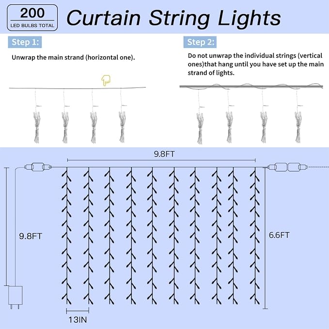 200 LED Cool White Curtain String Lights 9.8x6.6FT, Plug in Fairy Lights with 9 Hooks Dimmable Timer & 8 Modes, IP44 Waterproof, Bedroom Office Wall Wedding Party Christmas Indoor Outdoor Decor