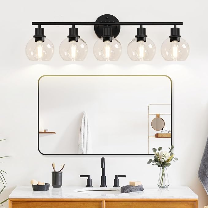 5-Light Bathroom Light Fixture, Matte Black Vanity Light with Clear Glass Globe Shades, Modern Bathroom Lights Over Mirror, Wall Sconce Lighting for Bathroom, Bedroom, Hallway, Living Room, Porch