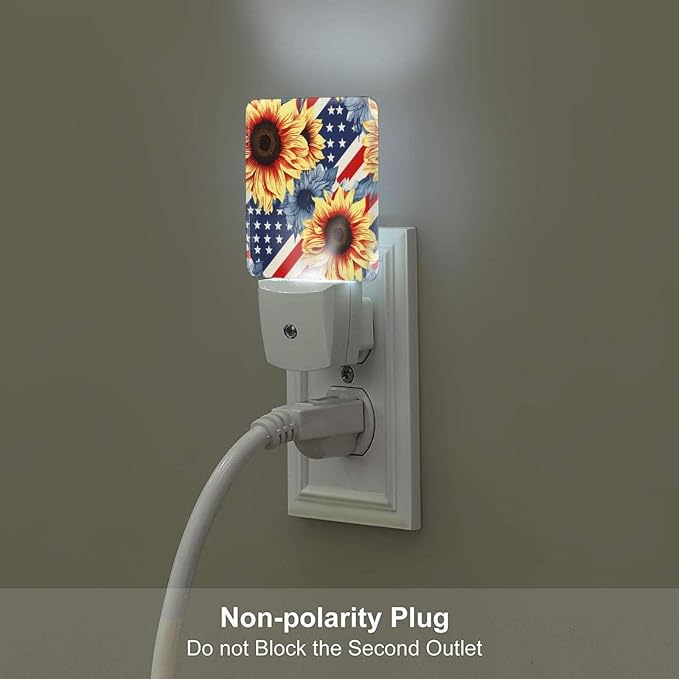 Sunflowers Floral Stripes Flag LED Plug-in Night Light 2-Pack, Auto Sensor Nightlights Set of 2 for Bedroom Bathroom Corridors